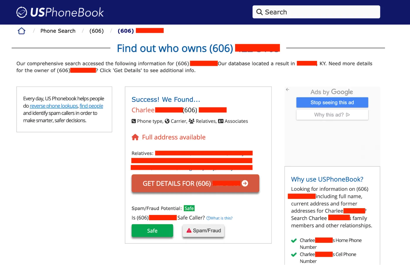 USPhoneBook.com example profile page USPhoneBook profile page showing someone’s phone number, name, address, and other personal information